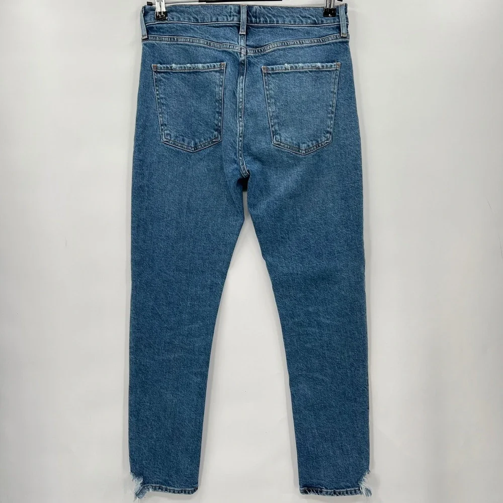 AGOLDE Toni Slim Straight‎ Jeans Womens Blue Distressed Chewed Hem 28